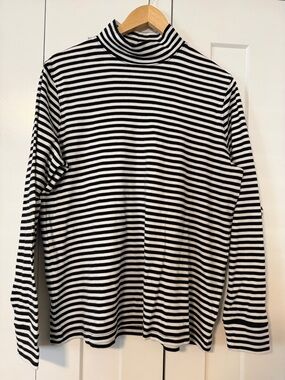 Lands' End Black & White Striped Turtleneck Long-Sleeve Top